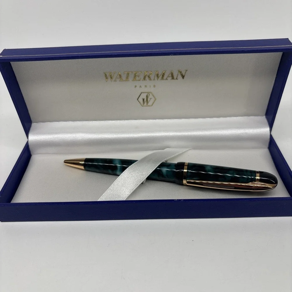 Waterman Phileas Ballpoint Pen Marble Green Gold Trim Blue Ink Vintage 90s